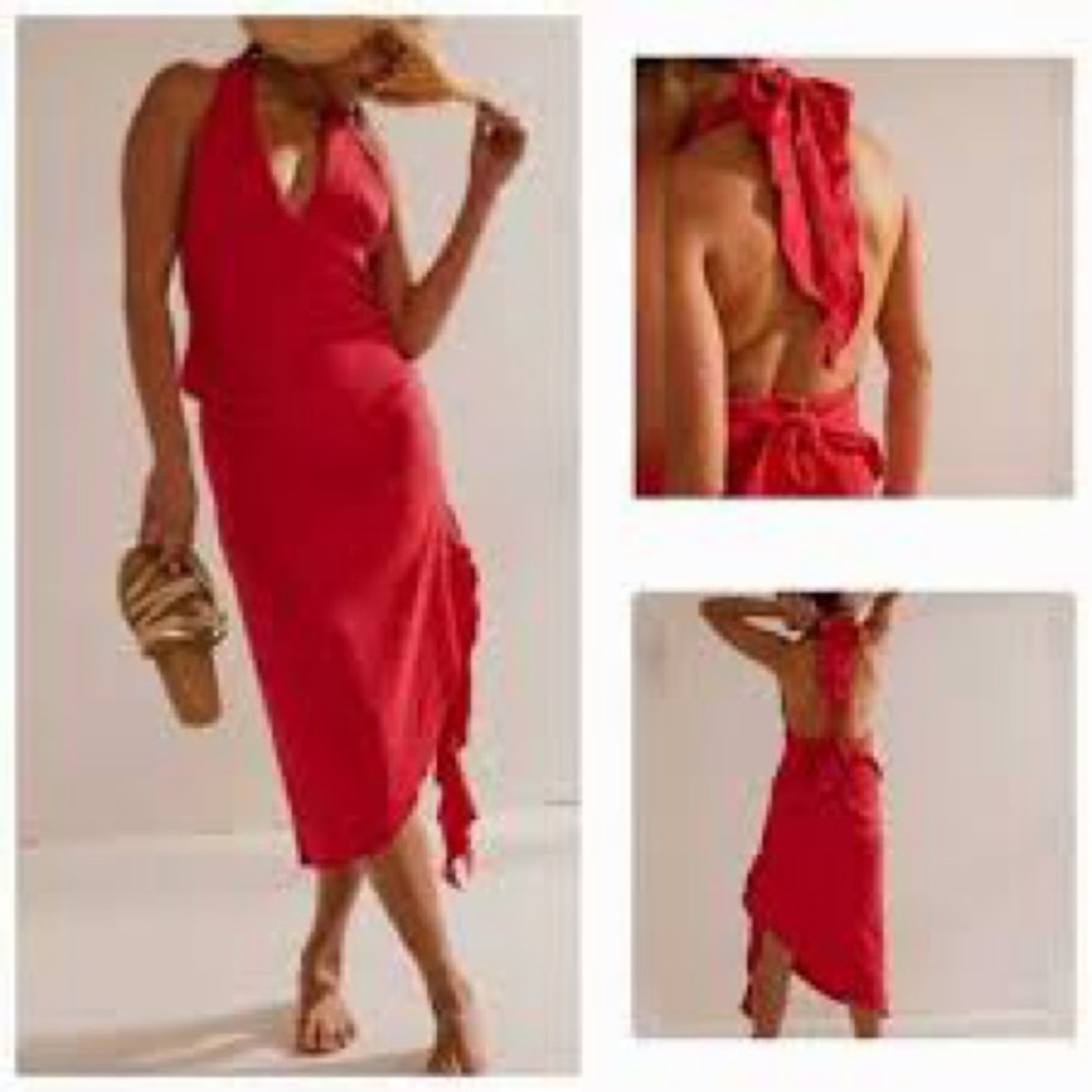NEW Free People TAKE A DIP Midi Halter Tie Back Dress in Lychee Red Size L NWOT - Picture 9 of 9